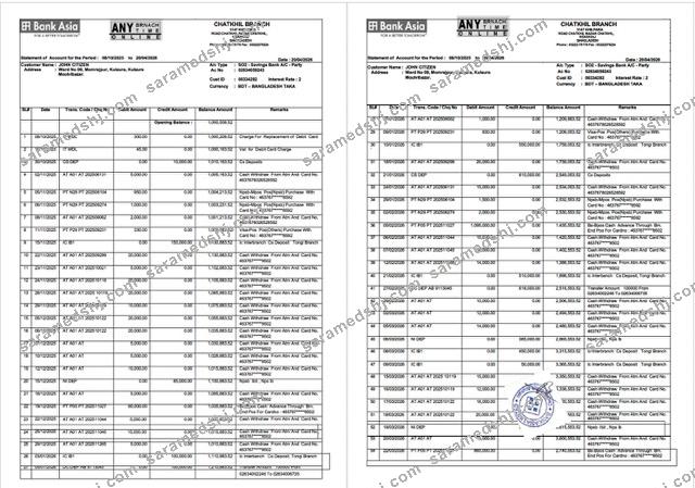 Bangladesh Bank Asia PLC statement of account Word and PDF template, 2 pages